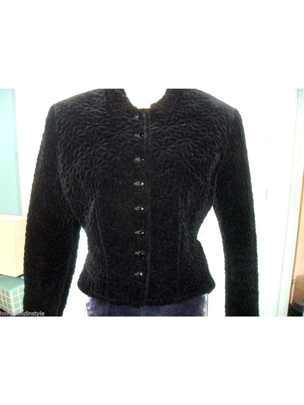 VINTAGE BLACK QUILTED VELVET Nipped Waist Jacket W/ Carved Buttons